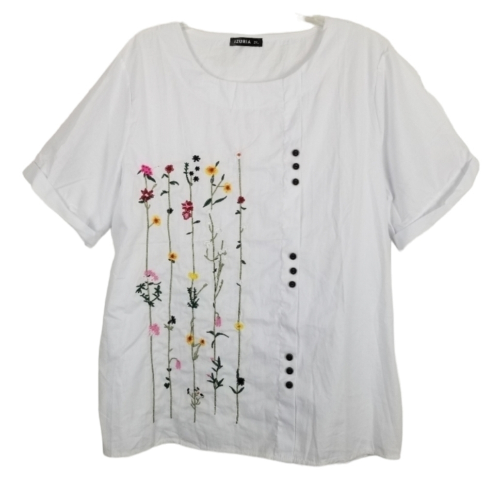 Izuria White Short Sleeve Pop Over Top Shirt Embroidered Flowers Button Size 2XL